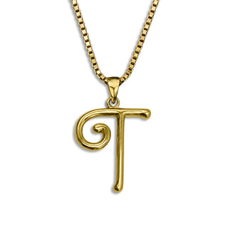 gold necklace, initial letter T pendant monogram jewelry — based on Mandevilla font by Laura Worthington