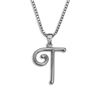 silver necklace, initial letter T pendant monogram jewelry — based on Mandevilla font by Laura Worthington