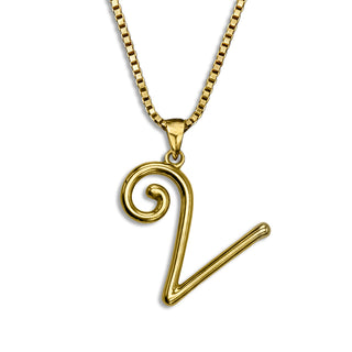 gold necklace, initial letter V pendant monogram jewelry — based on Mandevilla font by Laura Worthington