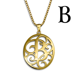 Regalia — gold necklace, initial letter B pendant monogram jewelry — based on Yana font by Laura Worthington