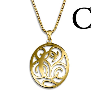Regalia — gold necklace, initial letter C pendant monogram jewelry — based on Yana font by Laura Worthington