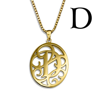 Regalia — gold necklace, initial letter D pendant monogram jewelry — based on Yana font by Laura Worthington