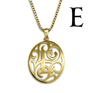 Regalia — gold necklace, initial letter E pendant monogram jewelry — based on Yana font by Laura Worthington