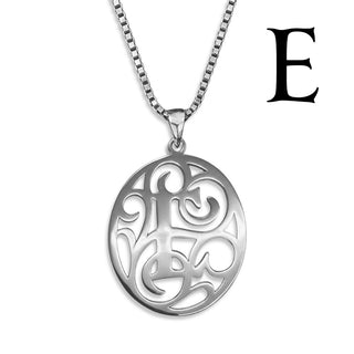Regalia — silver necklace, initial letter E pendant monogram jewelry — based on Yana font by Laura Worthington