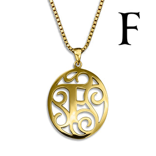 Regalia — gold necklace, initial letter F pendant monogram jewelry — based on Yana font by Laura Worthington