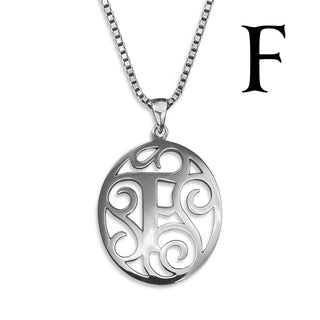 Regalia — silver necklace, initial letter F pendant monogram jewelry — based on Yana font by Laura Worthington