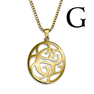 Regalia — gold necklace, initial letter G pendant monogram jewelry — based on Yana font by Laura Worthington