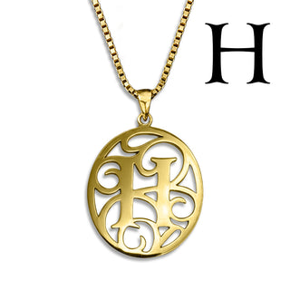 Regalia — gold necklace, initial letter H pendant monogram jewelry — based on Yana font by Laura Worthington