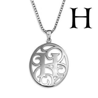 Regalia — silver necklace, initial letter H pendant monogram jewelry — based on Yana font by Laura Worthington