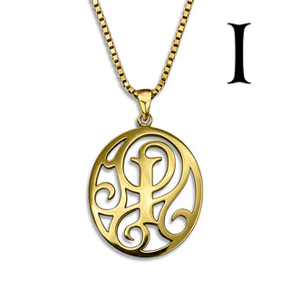 Regalia — gold necklace, initial letter I pendant monogram jewelry — based on Yana font by Laura Worthington