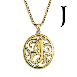 Regalia — gold necklace, initial letter J pendant monogram jewelry — based on Yana font by Laura Worthington