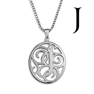 Regalia — silver necklace, initial letter J pendant monogram jewelry — based on Yana font by Laura Worthington