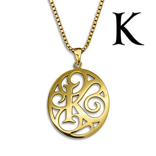 Regalia — gold necklace, initial letter K pendant monogram jewelry — based on Yana font by Laura Worthington