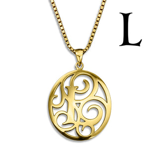 Regalia — gold necklace, initial letter L pendant monogram jewelry — based on Yana font by Laura Worthington