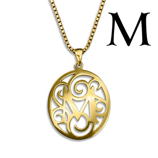 Regalia — gold necklace, initial letter M pendant monogram jewelry — based on Yana font by Laura Worthington