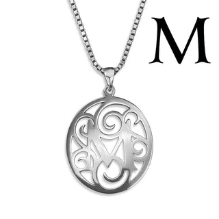 Regalia — silver necklace, initial letter M pendant monogram jewelry — based on Yana font by Laura Worthington