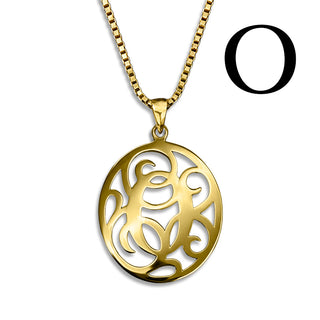 Regalia — gold necklace, initial letter O pendant monogram jewelry — based on Yana font by Laura Worthington