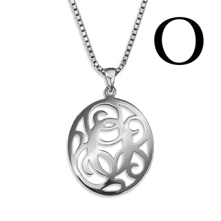 Regalia — silver necklace, initial letter O pendant monogram jewelry — based on Yana font by Laura Worthington