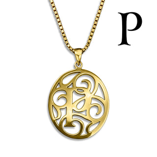 Regalia — gold necklace, initial letter P pendant monogram jewelry — based on Yana font by Laura Worthington