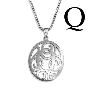 Regalia — silver necklace, initial letter Q pendant monogram jewelry — based on Yana font by Laura Worthington