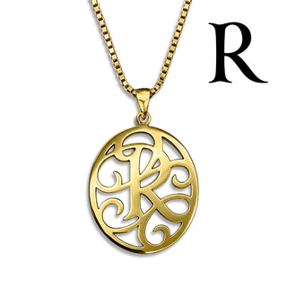 Regalia — gold necklace, initial letter R pendant monogram jewelry — based on Yana font by Laura Worthington