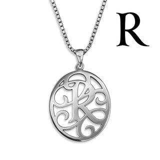 Regalia — silver necklace, initial letter R pendant monogram jewelry — based on Yana font by Laura Worthington