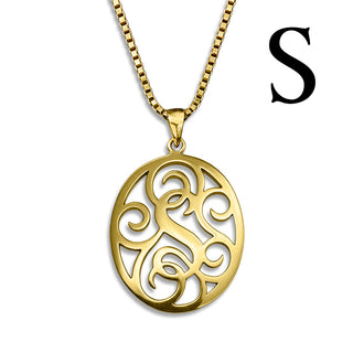 Regalia — gold necklace, initial letter S pendant monogram jewelry — based on Yana font by Laura Worthington