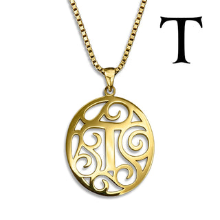 Regalia — gold necklace, initial letter T pendant monogram jewelry — based on Yana font by Laura Worthington