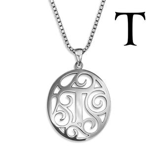 Regalia — silver necklace, initial letter T pendant monogram jewelry — based on Yana font by Laura Worthington