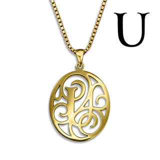 Regalia — gold necklace, initial letter U pendant monogram jewelry — based on Yana font by Laura Worthington