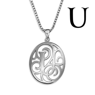 Regalia — silver necklace, initial letter U pendant monogram jewelry — based on Yana font by Laura Worthington