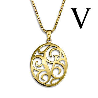 Regalia — gold necklace, initial letter V pendant monogram jewelry — based on Yana font by Laura Worthington