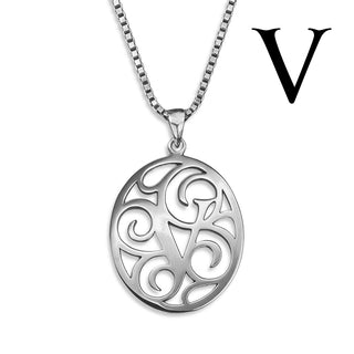 Regalia — silver necklace, initial letter V pendant monogram jewelry — based on Yana font by Laura Worthington