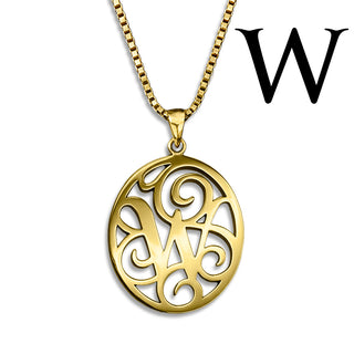 Regalia — gold necklace, initial letter W pendant monogram jewelry — based on Yana font by Laura Worthington