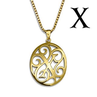 Regalia — gold necklace, initial letter X pendant monogram jewelry — based on Yana font by Laura Worthington