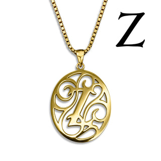 Regalia — gold necklace, initial letter Z pendant monogram jewelry — based on Yana font by Laura Worthington