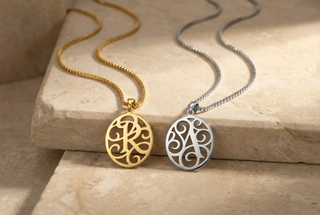 Regalia — necklace, initial letter pendant monogram jewelry — based on Yana font by Laura Worthington