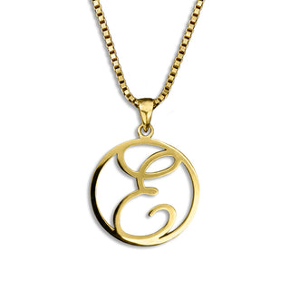 gold necklace, initial letter E pendant monogram jewelry — based on Fairwater font by Laura Worthington
