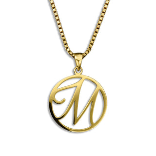 gold necklace, initial letter M pendant monogram jewelry — based on Fairwater font by Laura Worthington