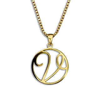 gold necklace, initial letter V pendant monogram jewelry — based on Fairwater font by Laura Worthington