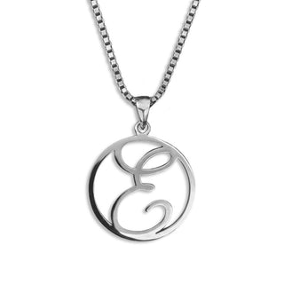 silver necklace, initial letter E pendant monogram jewelry — based on Fairwater font by Laura Worthington