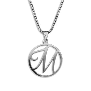 silver necklace, initial letter M pendant monogram jewelry — based on Fairwater font by Laura Worthington